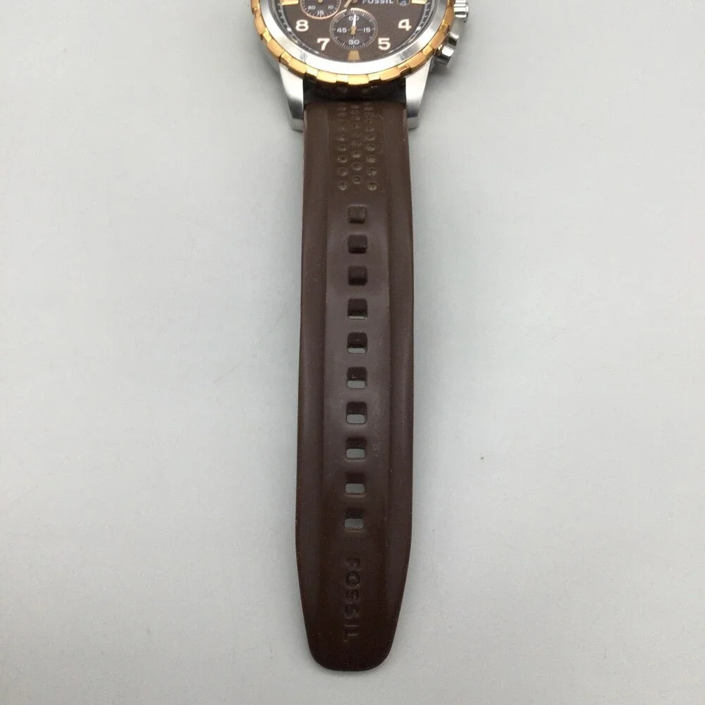 Fossil Mens Watch 45mm Brown Dial Silicone Chronograph Date FS-4612 New Battery